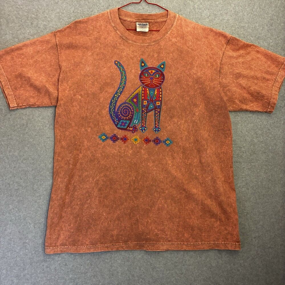 Art Gecko Tribal Cat Graphic T-Shirt XL Orange Stone Wash